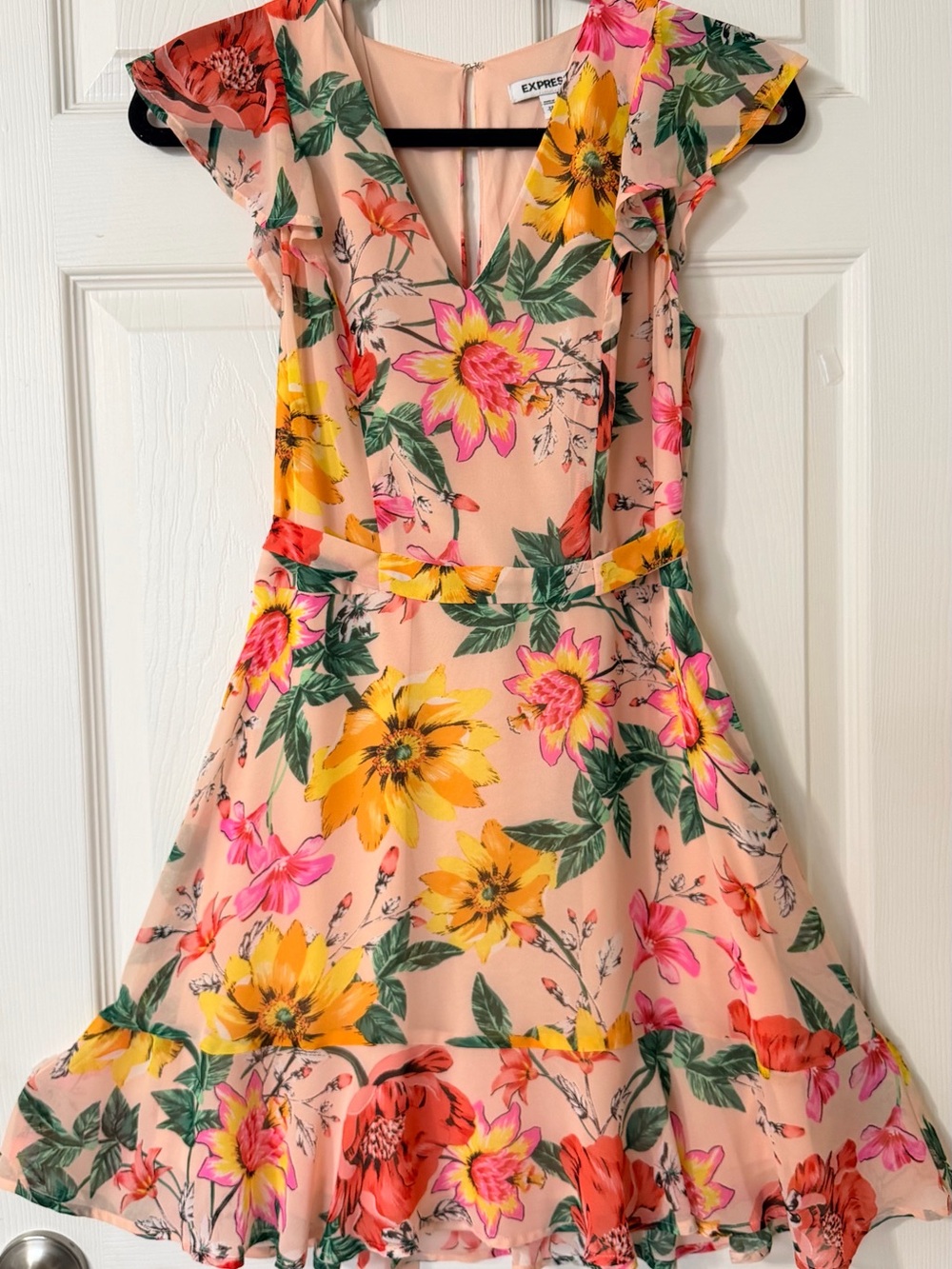 Express Peach Floral Ruffle Midi Dress